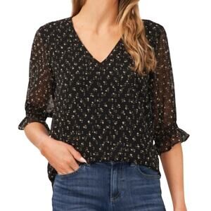 CeCe Women's Printed Smocked Elbow-Sleeve V-Neck Top in Black, Size XL